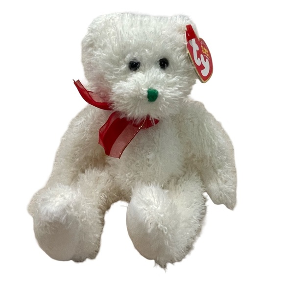 2004 HOLIDAY TEDDY TY Beanie Baby White Teddy Bear with Red Ribbon! - Picture 1 of 5
